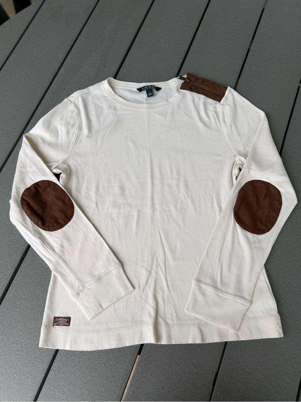 Lauren Ralph Lauren Cream Cotton Elbow Patch Long Sleeve Top Size Large EUC